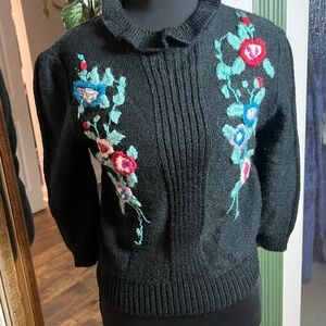 Esprit Black Crewneck Sweater with Multicolor Floral Embroidery